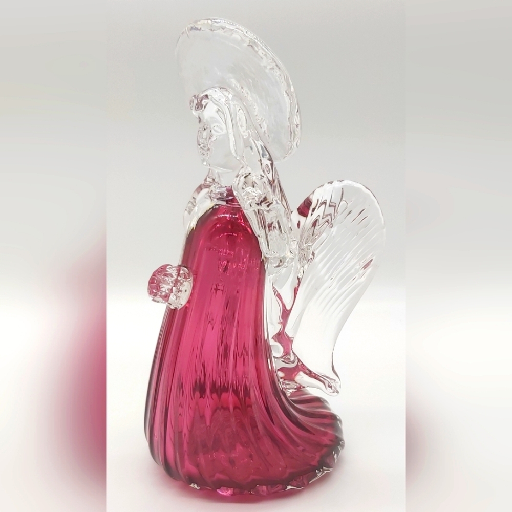 Vintage Rossi cranberry and clear handblown angel